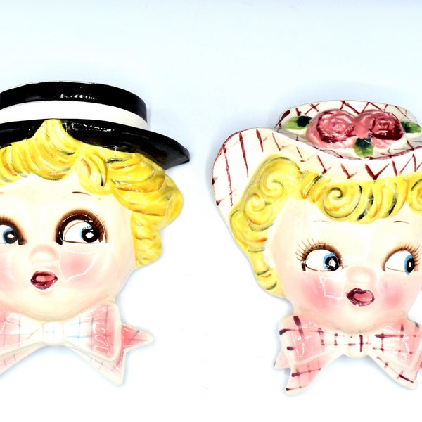 Vintage Boy and Girl Wall Pocket Head Vases / Mr. Cutie Pie & Miss Dainty / Blond Hair / Wearing Hats / Wide Open Eyes