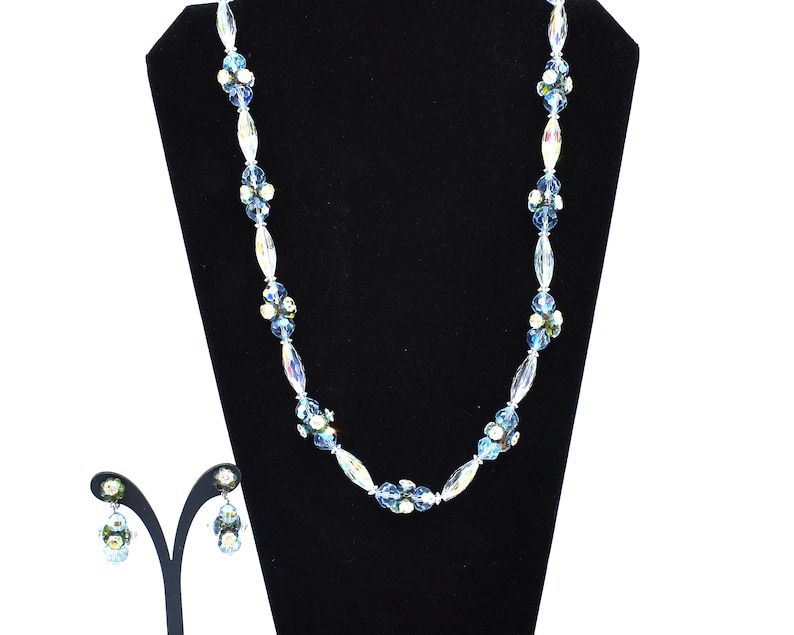 Vintage AB Necklace Single Stand Faceted Clear Aurora Borealis Crystals Margarita Flower Shaped Clusters Matching Clip-On Earrings