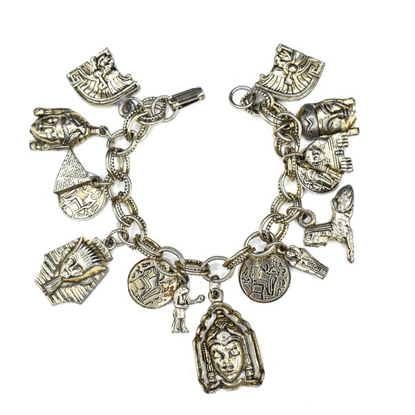 Vintage Egyptian Revival Charm Bracelet / 15 Charms / Antique Gold-Tone Metal / 7-1/2” Inch Length