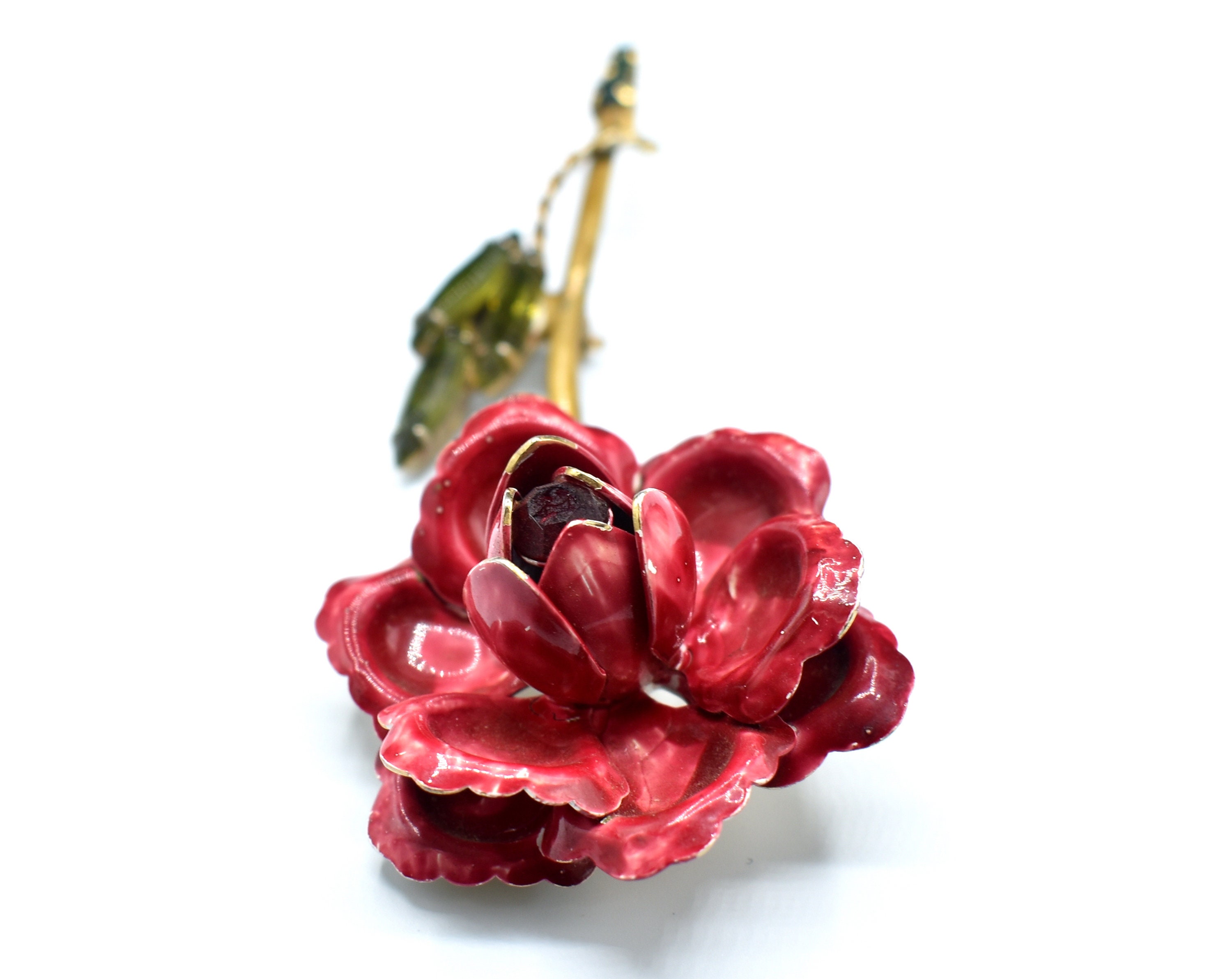 Signed Weiss Red Flower Brooch Pin / Red Center / Green Etsy