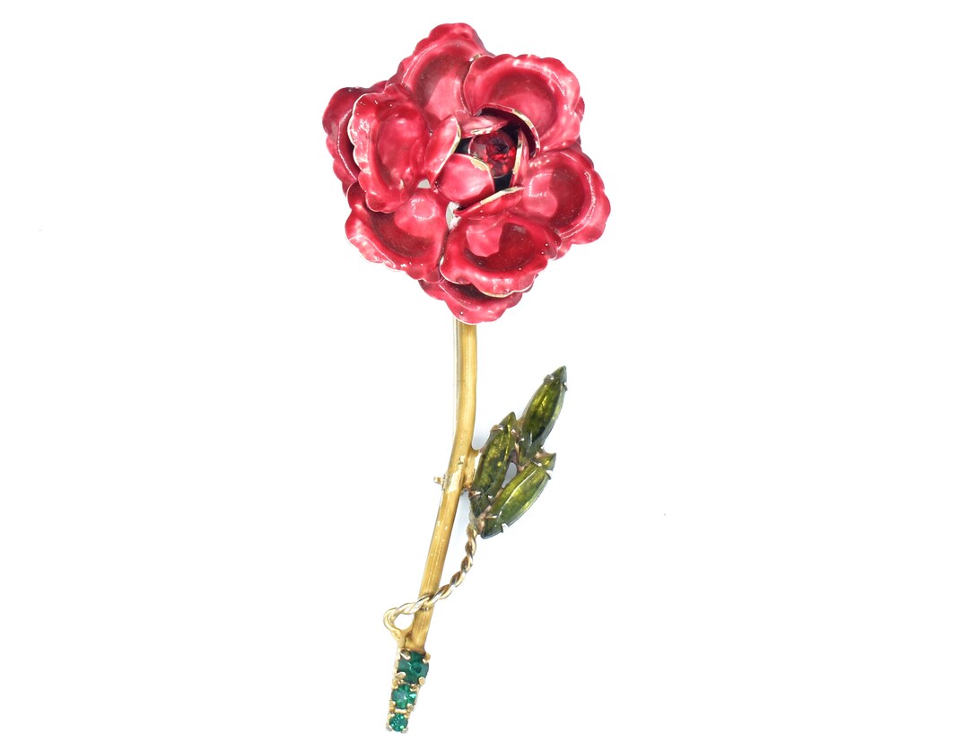 Signed Weiss Red Flower Brooch Pin / Red Center / Green Etsy