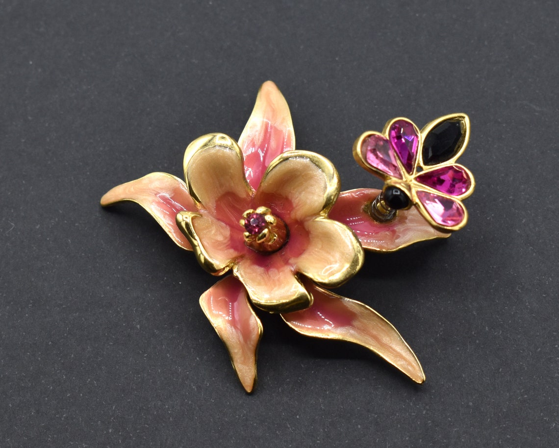 Signed Bob Mackie Flower and Butterfly Trembler Brooch Pin / | Etsy