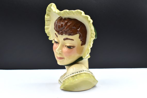 Vintage Ceramic Arts Studio barbie Lady Head Vase Wearing Light Green off the Shoulder Dress and Bonnet Open Big Eyes Etsy
