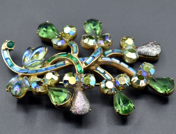 Large Signed Hollycraft Brooch Pin / Green Aurora… - image 3