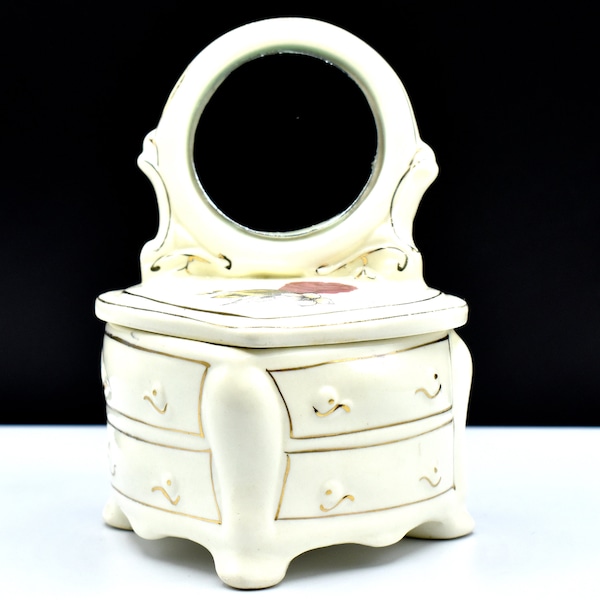 Vintage Ceramic Heart Shaped Dresser with Mirror Trinket Box / Keepsake Box / Off-White with Gold Highlights / Floral Design on Lid