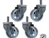 3 quot Cast Iron Vintage Threaded Stem Swivel Casters Set of (4) Raw Steel, Silver Wheels