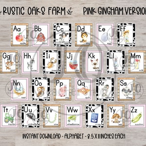 May include: A set of 26 alphabet flashcards featuring farm animals and objects. Each card has a pink gingham background with a black and white cow print border. The cards are 8.5 inches by 11 inches.