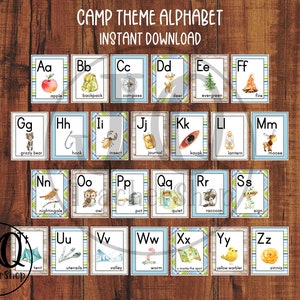 Printable Alphabet Wall Poster, Camping Theme Classroom Decor, Camp Alphabet, Camp Theme, Alphabet Wall Cards, Homeschool Decoration