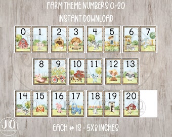 May include: A set of 20 farm-themed number cards featuring watercolor illustrations of farm animals, tractors, and farm buildings. Each card is 5x8 inches and features a number from 0 to 20.