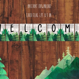 Printable Welcome Banner, Welcome Back, Small Door Size Banner, Mountain Theme Classroom, Mountains & Forest, Instant Download, Wood Bkgd