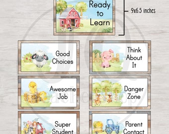 May include: A set of eight printable behavior chart cards featuring a farm theme. The cards are 9x5 inches and 9x6.5 inches. The cards feature watercolor illustrations of farm animals and objects, such as a pig, a sheep, a chick, a tractor, and a barn. The cards have text that reads "Ready to Learn", "Good Choices", "Think About It", "Awesome Job", "Super Student", "Danger Zone", and "Parent Contact".