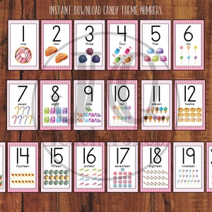 Afdrukbaar, Candy Thema Nummer posters, Classroom Decor, Sweet Shop Thema, Nummers 1-20 Wandkaarten, Homeschool Decor, Candy Classroom Decor