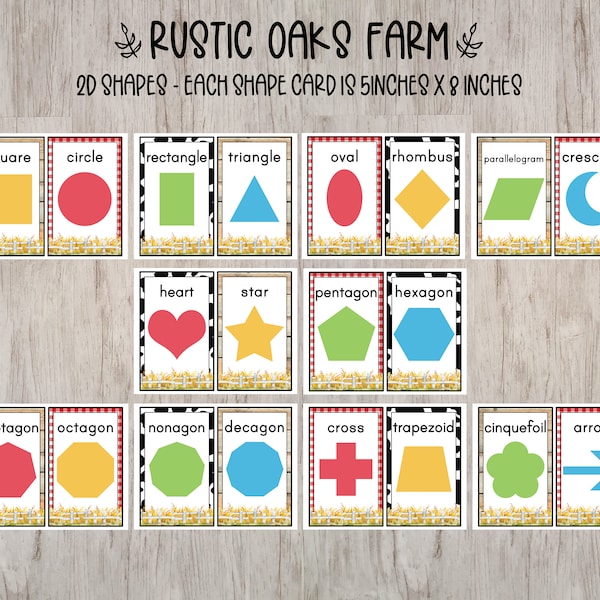 Printable 2d Shape Cards, Farm Theme Classroom Decorations, Classroom Decor, 2d Shapes, Farm Theme Shapes, Rustic Oaks Collection