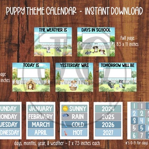 Puede incluir: Calendario imprimible con temática de cachorros con los días de la semana, los meses, el año, el clima y los días de escuela. El calendario presenta un esquema de color azul y gris con ilustraciones de cachorros. Cada tarjeta mide 2 x 7,5 pulgadas.