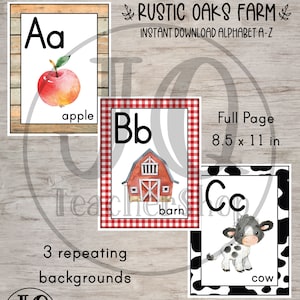 Afdrukbaar boerderijthema alfabet, klasdecor, paginagrote alfabet, boerderijthema klasdecor, homeschooldecor, boerderijklas