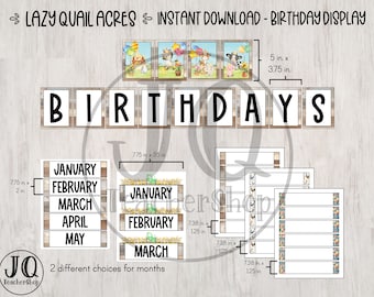 May include: A printable birthday display with a farmhouse theme. The display includes a banner that says "BIRTHDAYS", a set of monthly cards, and a set of name cards. The cards are decorated with a cute farm animal theme.