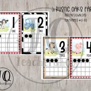 Puede incluir: Un conjunto de diez marcos con ilustraciones de animales de granja y los números del 1 al 4. Cada marco tiene un borde a cuadros rojo y blanco. El texto "RUSTIC OAKS FARM" y "INSTANT DOWNLOAD TEN FRAMES #0-30" está en la parte superior de la imagen.