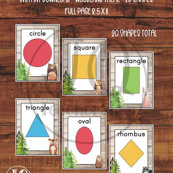 Printable 2d Shape Posters, Woodland Theme Classroom Decor, Full Page Shapes, Rainbow Colors, Spruce Woodland