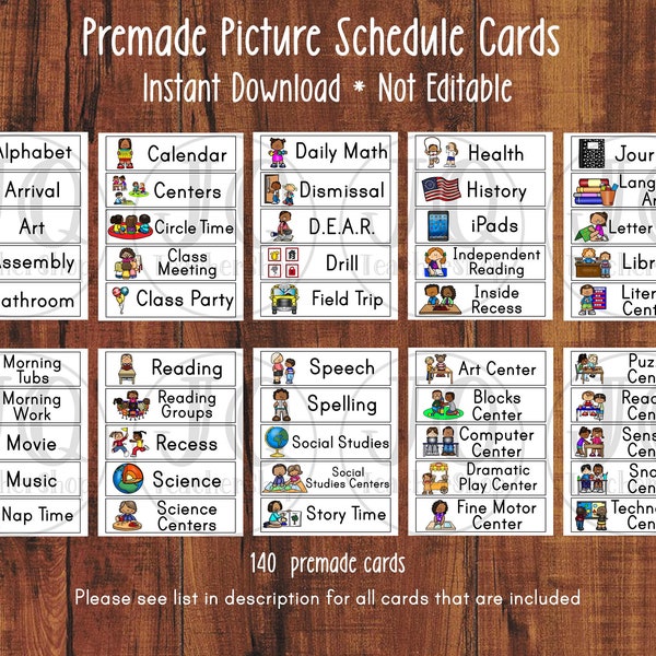 Instant Download, Classroom Picture Schedule, Visual Class Schedule Cards Time Clocks and Time Cards Included