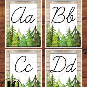Druckbare ganzseitige Alphabet, Klassenzimmer Dekor, Wald Thema, Wald Thema Klassenzimmer, kursive Alphabet Wandkarten