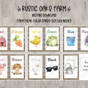 Afdrukbaar, boerderijthema klasdecoraties, klasdecor, kleurenflitskaarten, thuisonderwijs, kleuren op de boerderij, Rustic Oaks-collectie