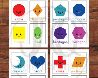 Printable Rainbow Colored Flash Cards, Cute Faces Shape Flash Cards, 2d Shapes, Shapes for Toddlers, Flash Cards for Kids, Learn Shapes