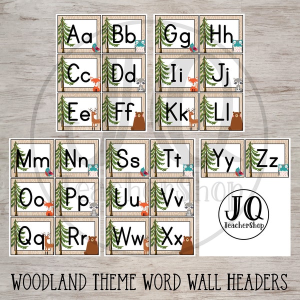 Printable Alphabet Word Wall, Classroom Decor, Woodland Alphabet Wall cards, Homeschool Decor, Woodland Theme Class, Small Flashcards