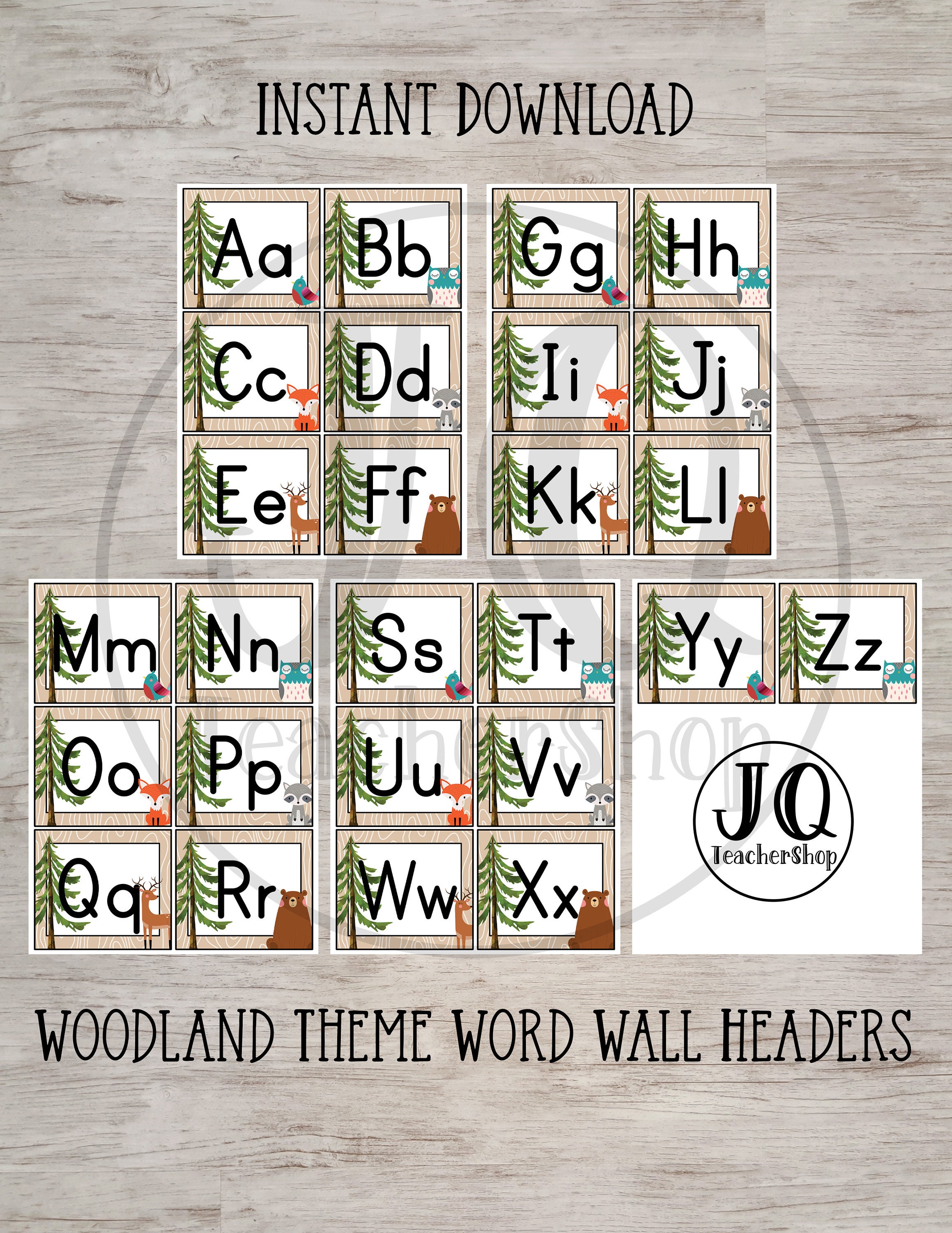 Printable Alphabet Word Wall, Classroom Decor, Woodland Alphabet Wall cards, Homeschool Decor, Woodland Theme Class, Small Flashcards