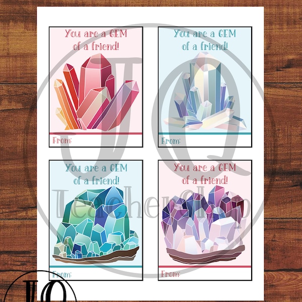 Printable Valentine's Day, You're a Gem of a Friend, Class Valentine's, Gem Valentine, Mineral Valentine's Day Card, Digital File Only