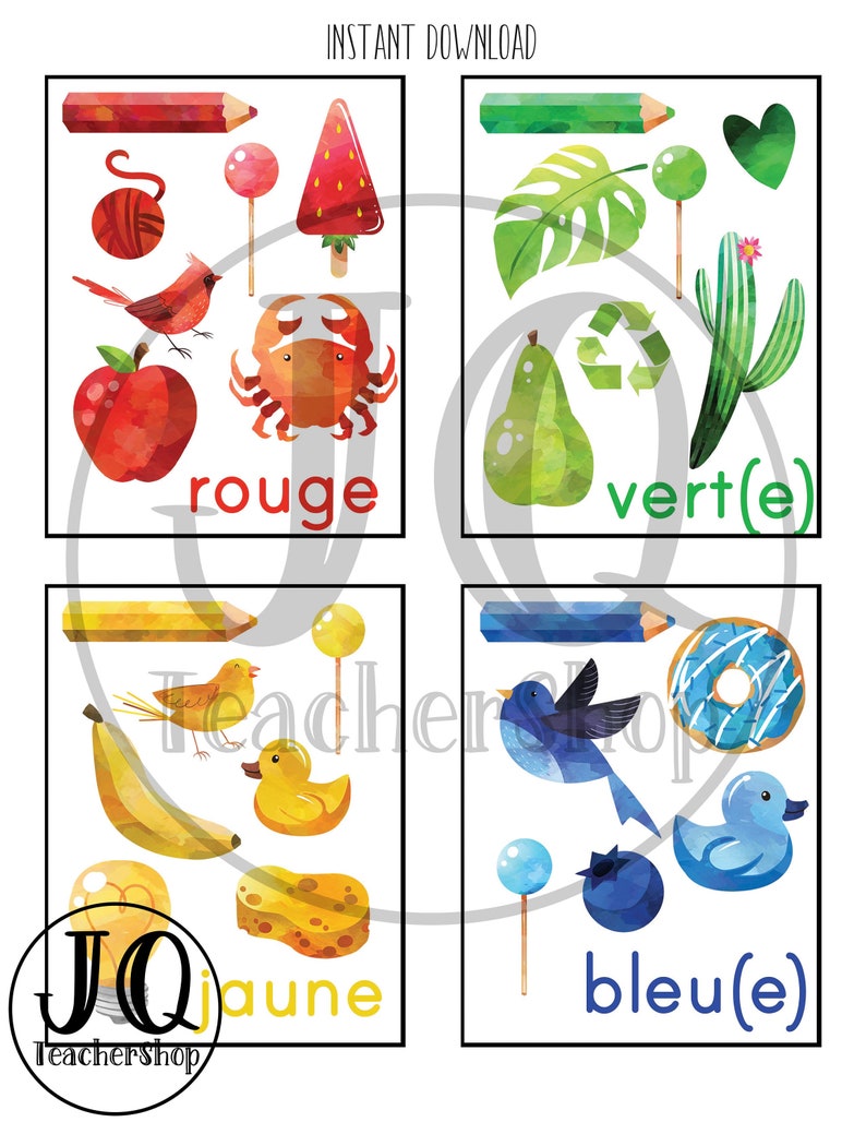 Printable Flashcards in French French Color Words Les Etsy