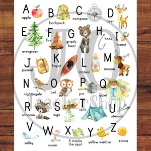 Printable Alphabet Poster, Camping Theme Alphabet, Homeschool Decoration, Classroom Decoration, Digital File Only