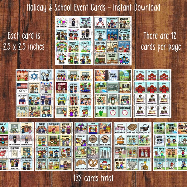 Printable, Classroom Calendar Cards Holidays and Special Events, Calendar Cards for School Events, Instant Download