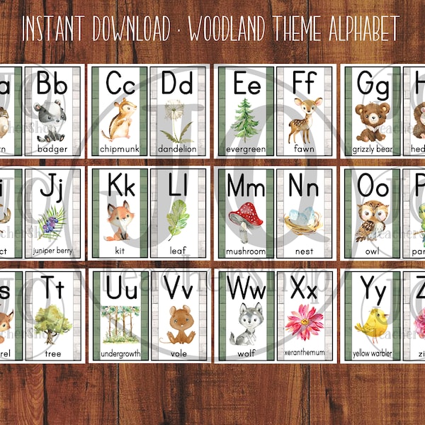 Printable, Woodland Theme Alphabet Wall posters, Classroom Decor, Forest Theme, Alphabet Wall cards, Homeschool Decor, Woodland Classroom