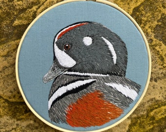 Harlequin Duck hand embroidery
