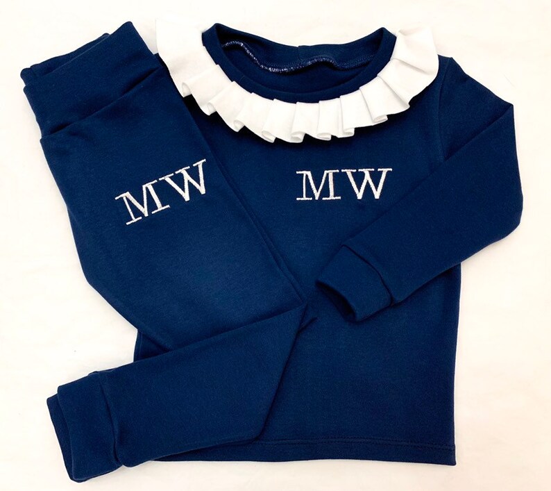 Kids Personalised Loungewear Personalised Handmade and Embroidered Frill collar 100/% Cotton Tracksuit