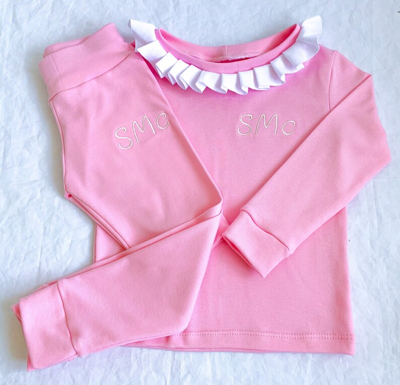 Kids Personalised Loungewear Personalised Handmade and Embroidered Frill collar 100/% Cotton Tracksuit