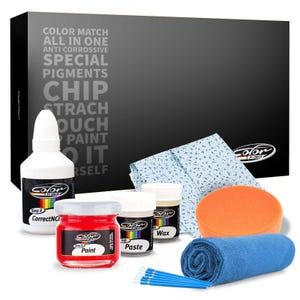 May include: A car paint repair kit with various components. The kit includes a bottle of CorrectNCI, a jar of red paint, a jar of paste, and a jar of wax. Also included are an orange sponge, a blue microfiber towel, and several blue applicators. The box reads "Color Match".