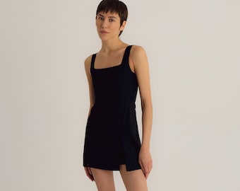 Black Tennis Dress: ECONYL Sport Halter Skirt with Shorts