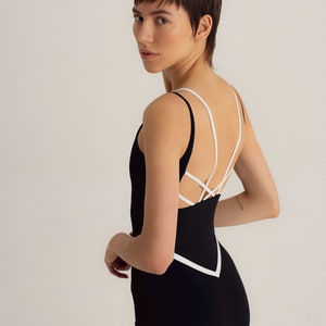 Body de yoga Pilates, ropa activa sostenible ECONYL®, mono negro, mono negro, mono deportivo de entrenamiento de una pieza, mono de fitness Negro