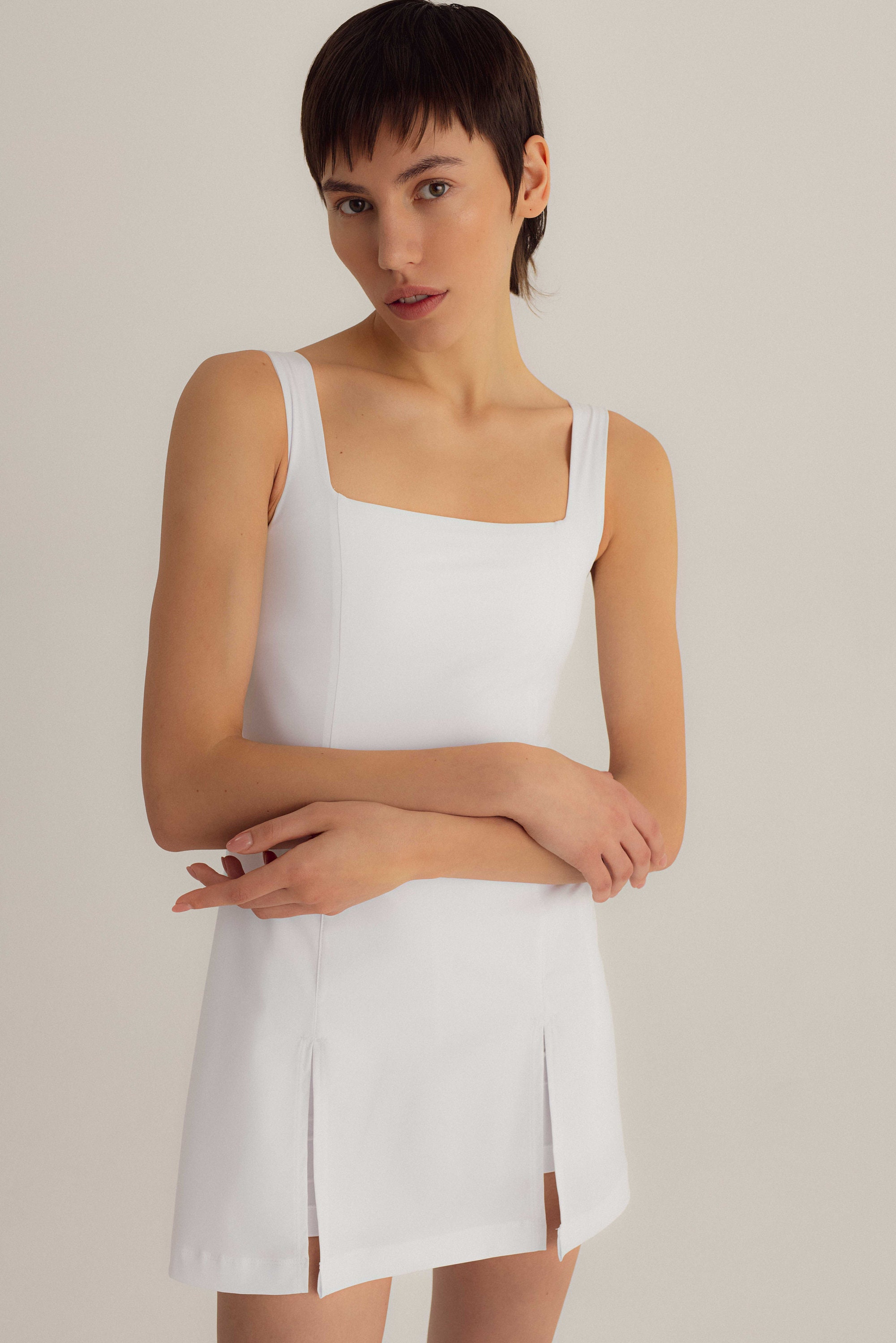 slim fit dress slacks Berlook Collar Backless Tennis Dress for Women, White / M