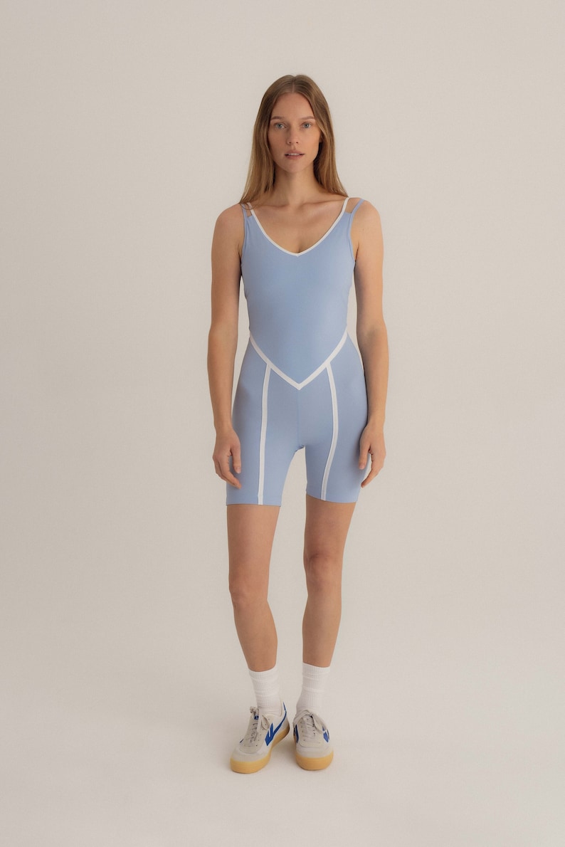 Body de yoga Pilates, ropa activa sostenible ECONYL®, mono negro, mono negro, mono deportivo de entrenamiento de una pieza, mono de fitness Baby Blue