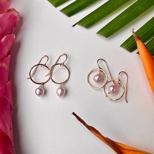 Edison Pearl and Gold Hoops | Pink Pearl Jewelry | Mother&#39;s Day Earrings | Simple Jewelry for Bachelorette | Bridal Party Group Gift Idea