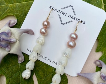 Edison Pearl and Pikake Earrings | Pink Pearl and Mother of Pearl Jewelry by Kuahiwi Designs