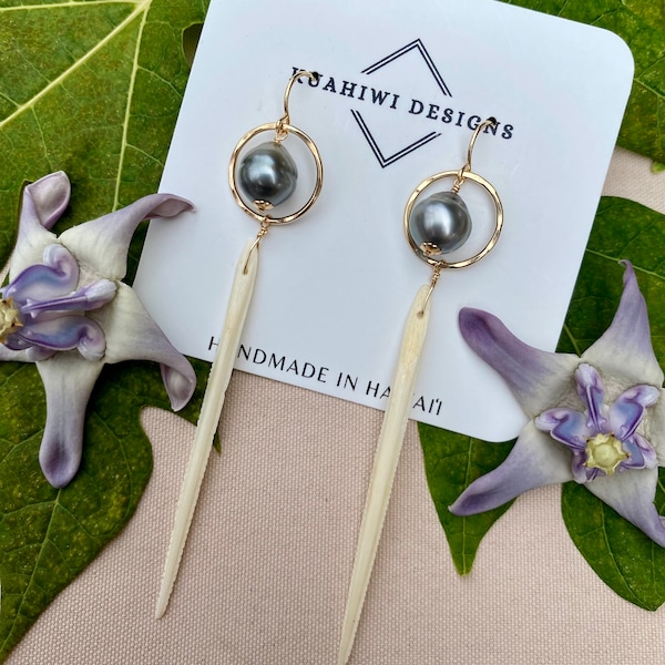 Stingray Barb And Tahitian Pearl Earrings | Real Bone Jewelry | Gift Idea for Goth Chick | Taxidermy Hammered Gold Hoop | Skeleton Accessory