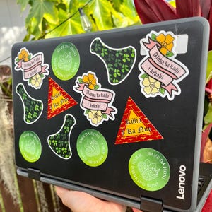 May include: A laptop computer covered in stickers. The stickers are mostly green and feature a tropical plant design. Some stickers have text that says "Save Da Hon" and "Aloha Kekahi I Kekahi".