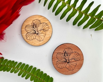 Hibiscus Magnet | Wood Engraved Tropical Flowers of Hawaii | Hawaiian Kitchen Aesthetic | Aloha Accessories | Refrigerator Flower Magnet