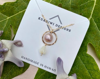 Edison Pearl and Pikake Hoop Necklace | Pink Pearl and White Flower Jewelry by Kuahiwi Designs