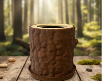 3D Printed Log Planter with Bark Texture and Saucer | Woodland Decor