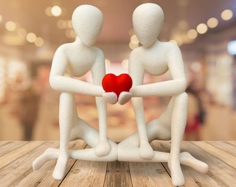 Minimalist Couple Sculpture Holding Heart | Modern Love Figurine, White Figures Red Heart