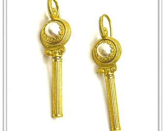 Greek Temple Column Natural Pearl Earrings: 18K Gold Filled Sterling Silver, Greek Museum Jewelry